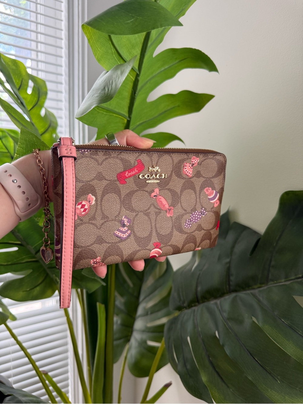 Coach Brown Signature Candy Print Wristlet with Pink Strap